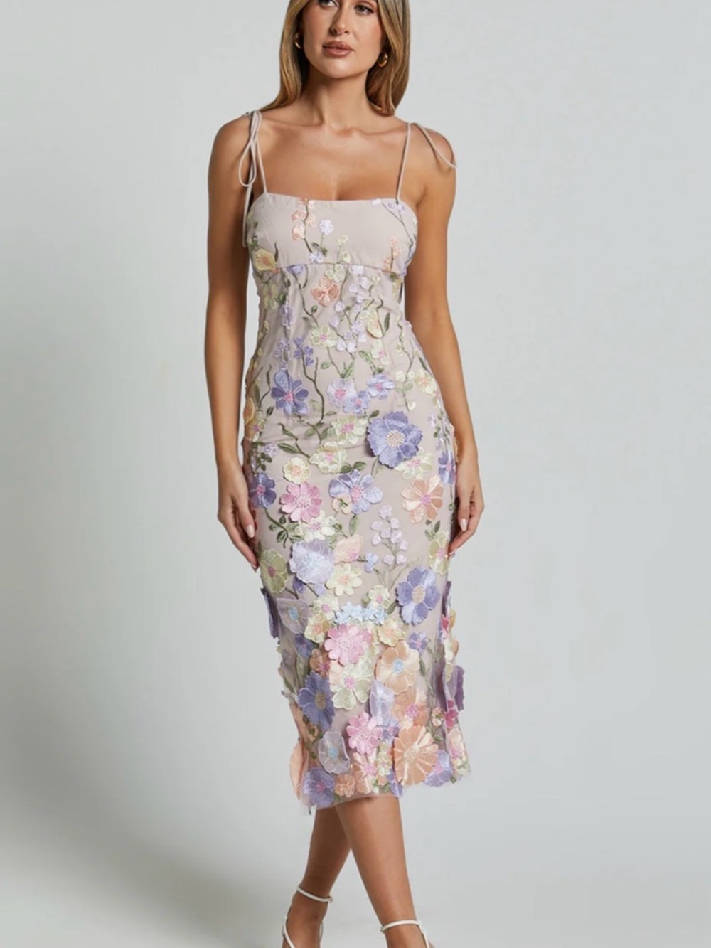 Showpo NWT Jamich Midi Dress Pastel Pink Floral Appliqué Tie Strap - US 4